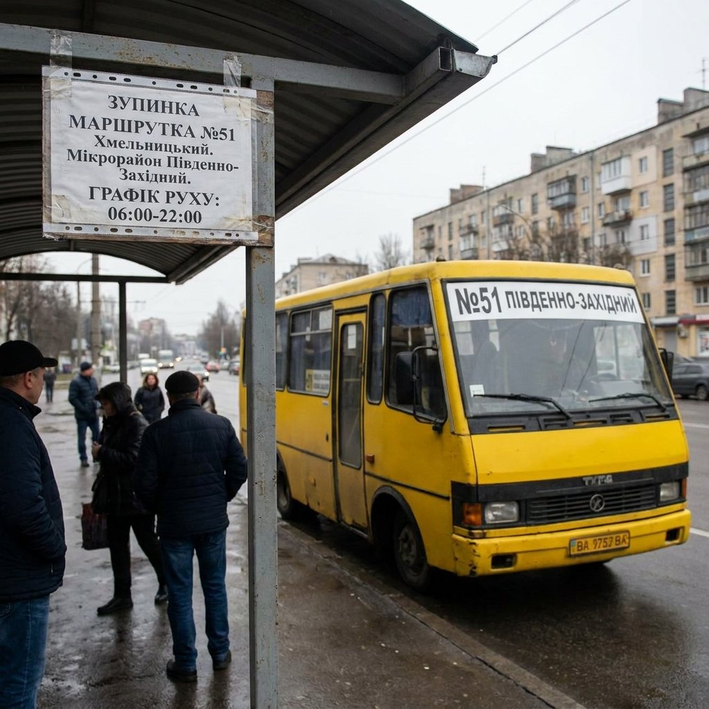 Маршрутка №51 Хмельницький: зупинки в мікрорайоні Південно-Західний та графік