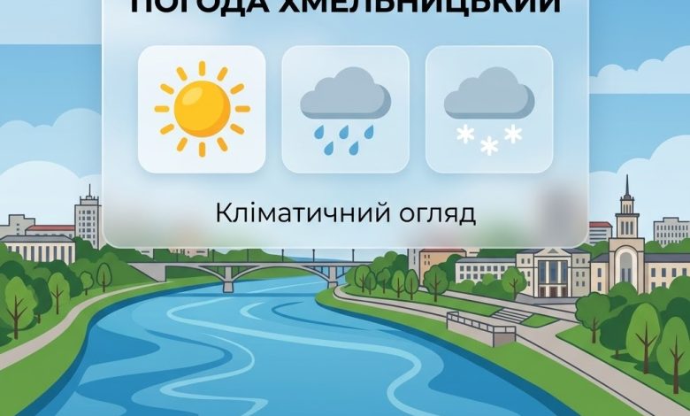 Сучасний колаж, що поєднує вид на річку Південний Буг у Хмельницькому з графічними елементами прогнозу погоди та текстом українською мовою.